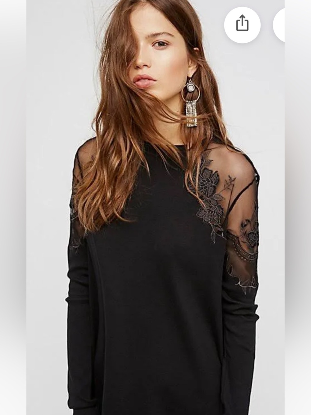 FREE PEOPLE Romantic Goth Black Top with Gray Floral Mesh Shoulders